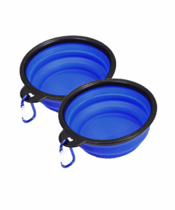 Pops and Paws Collapsible Silicone Pet Bowl with Matching Carabiner- 2 Pack - Blue