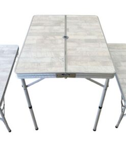 Portable Folding Aluminum Alloy Table and Bench - White Wood Grain Top