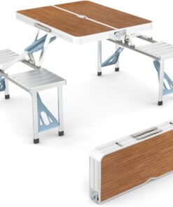 Portable Folding Camping Picnic Table with Seats Chairs and Umbrella Hole - Brown