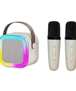 Portable Rechargeable Bluetooth Karaoke System with Two Wireless Mics - White