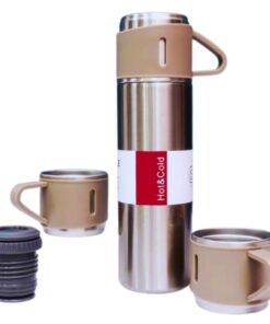 Portable Taupe Insulated Thermos Flask Set & 3 Cups