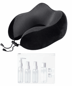 Premium Memory Foam Neck Pillow plus Travel Bottle Set - Black