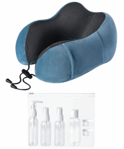 Premium Memory Foam Neck Pillow plus Travel Bottle Set - Blue