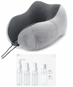 Premium Memory Foam Neck Pillow plus Travel Bottle Set - Grey
