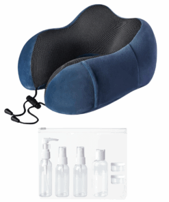 Premium Memory Foam Neck Pillow plus Travel Bottle Set - Navy