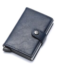 Premium PU Leather RFID Blocking Pop-Up Credit Card Holder Slim Wallet - Navy Blue