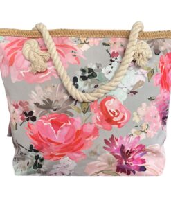 Printed Beach Bag - Cotton Road - Grey, Pink