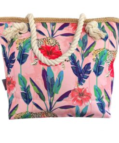 Printed Cotton Road Beach Bag - Blue, Pink