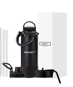 Pruchef - 1.2L Stainless Steel Double Wall Water Flask With 3 Lids - Black