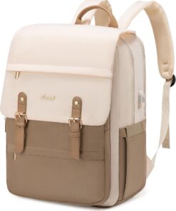 PU Leather Laptop Backpack Purse for Women 15.6 Inch Vintage Travel Daypack - Beige & Coffee