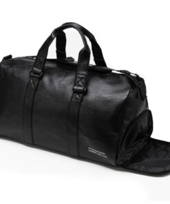 PU Leather Sports Gym Bag Fitness Travel Bag-Separate Shoe Compartment-40L - Black