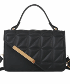 Quilted Faux Leather Crossbody Bag with Geometric Design - Black