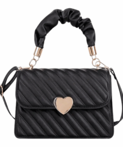 Quilted Handbag With Heart Lock And Scrunchie Handle - Black
