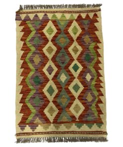 Red Beige Cream Handmade Kilim Choubi Rug - 90 x 60 cm
