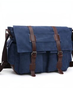 Retro Military Men's Canvas Crossbody Bag Leather Canvas Laptop Bag - Blue