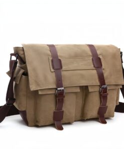Retro Military Men's Canvas Crossbody Bag Leather Canvas Laptop Bag - khaki