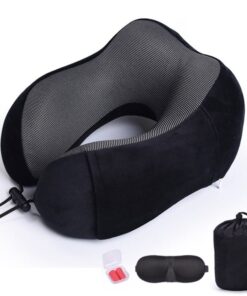Rev up Memory Foam Travel Pillow Set + 3D Eye Mask, Earplugs & Travel Bag - Black