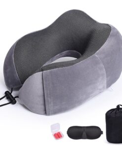 Rev up Memory Foam Travel Pillow Set + 3D Eye Mask, Earplugs & Travel Bag -  Grey