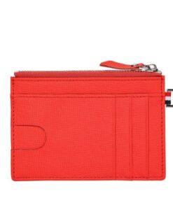 RFID Genuine Leather Card Holder With Zipper Coin Bag - Red
