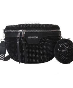 Rhinestone Waist Fashion Women Chest Crossbody Fanny Pack Bag - Black