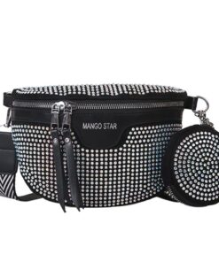 Rhinestone Waist Fashion Women Chest Crossbody Fanny Pack Bag - Silver, Black