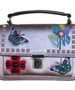 Rose Gold Faux Leather Bag with Butterfly Embroidery and Chain Strap
