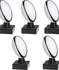 Rugby Ball Figurine Trophy with Marble Base - White/Black