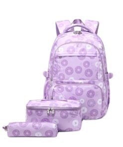School Backpack Girls 3Pcs Sets Colorful Donuts with Lunch Bag Pencil case - Lavender