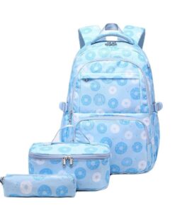 School Backpack Girls 3Pcs Sets Colorful Donuts with Lunch Bag Pencil case - Lightblue