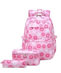 School Backpack Girls 3Pcs Sets Colorful Donuts with Lunch Bag Pencil case - SoftPink