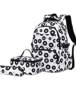 School Backpack Girls 3Pcs Sets Colorful Donuts with Lunch Bag Pencil case - WhiteBlack