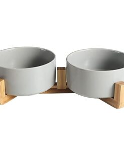 Set Of 2 Ceramic Cat Food Bowl Water Feeder Easy To Clean With Wood Stand