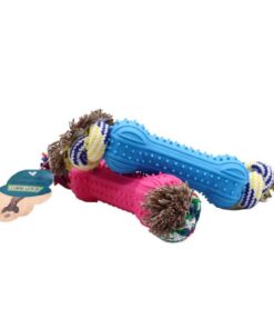 Set Of 2 Dog Chewing Toy Bone Shape With Rubberized Spikes & Rope 21cm - Blue, Pink