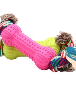 Set Of 2 Dog Chewing Toy Bone Shape With Rubberized Spikes & Rope 21cm - Pink, Green