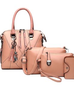 Set Women's PU Messenger Tote Bag Coin Purse Card Holder - 4-Piece - Pink