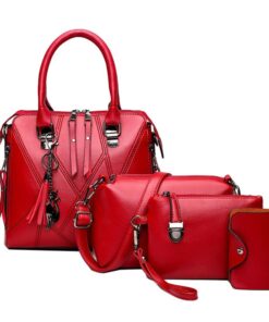 Set Women's PU Messenger Tote Bag Coin Purse Card Holder - 4-Piece - Red