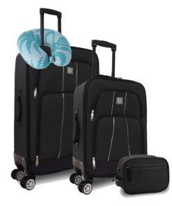 Seville 3 Piece Luggage Set with Neck Pillow - Black - 55cm & 75cm