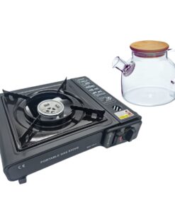 Single Burner Canister Camping Gas Stove ,Travel Case and 1.5L Glass Kettle - Black