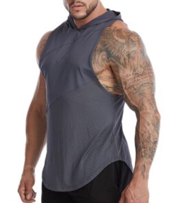 Sleeveless Mesh Sports Undershirt Men's Hooded Fitness Quick Dry Undershirt - Grey - 3XL