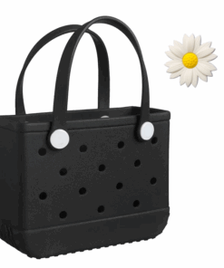 Small Ladies Beach Tote Waterproof Durable PVA Bag w/ Flower Charm - Black