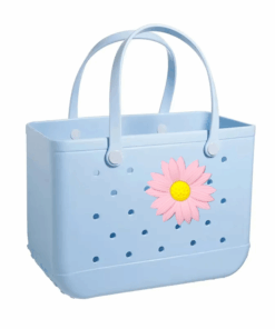 Small Ladies Beach Tote Waterproof Durable PVA Bag w/ Flower Charm - Blue