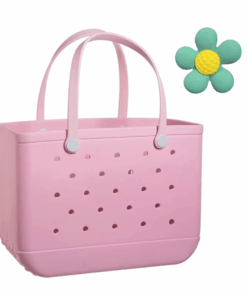 Small Ladies Beach Tote Waterproof Durable PVA Bag w/ Flower Charm - Pink