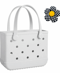 Small Ladies Beach Tote Waterproof Durable PVA Bag w/ Flower Charm - White