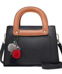 Small PU Leather Handbag with Pompoms - Black