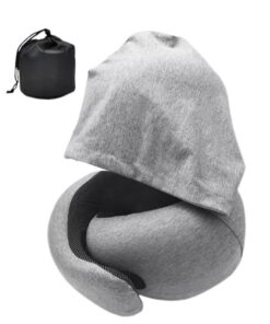 Snail Travel Neck Pillow with Attached Hoodie Cap - Grey