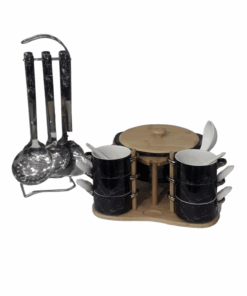 Soup Tureen Set With Bamboo Base & 6 Pieces Serving Spoons Combo - Black