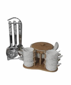 Soup Tureen Set With Bamboo Base & 6 Pieces Serving Spoons Combo - White