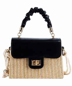 Straw Lady Pleated Handle Beach Crossbody Purse and Handbag - Black