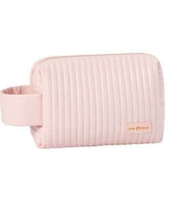 Striped Puffy PU Leather Cosmetic Bag Macaroon Colour Travel Cosmetic Pouch - Pink
