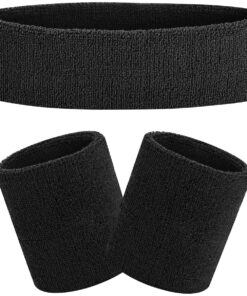Sweatbands Set Head Band and Wrist Bands - Absorbent Elastic Sport Bands - Black